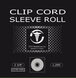 CLIP CORD SLEEVE ROLLS, 2" BLACK or 2 3/8" CLEAR x 1,200 ft roll in a self dispensing box. CHOOSE BLACK or CLEAR