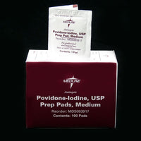 Povidone Iodine Prep Pads, Medium. CHOOSE Single 100/box or Case of 10 boxes.